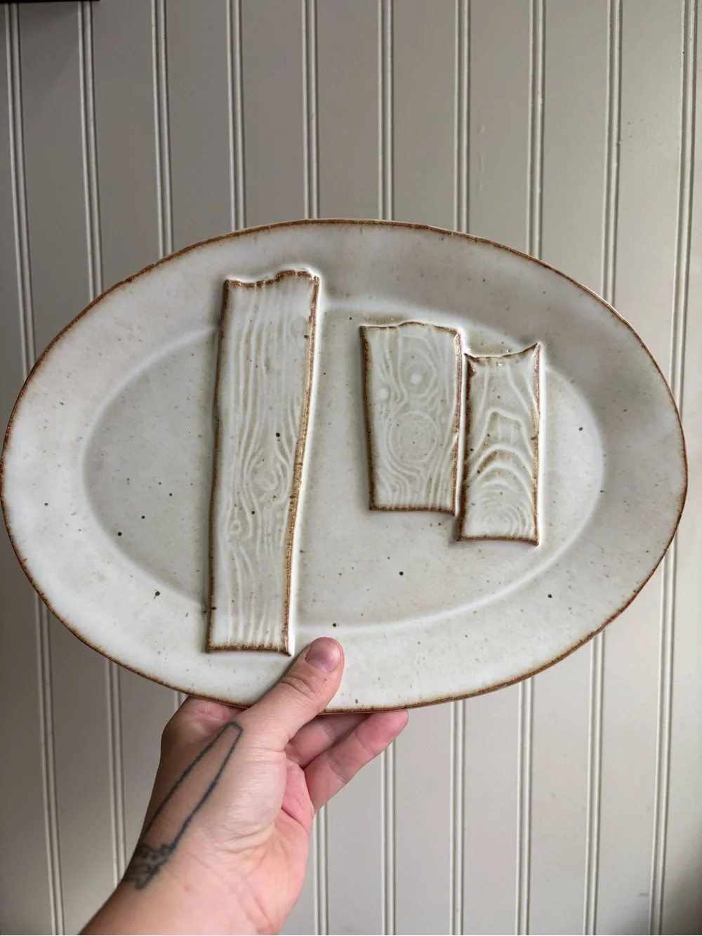 Vintage Primitive Studio Pottery Serving Plate/Platter Cream & Brown Wood Grain